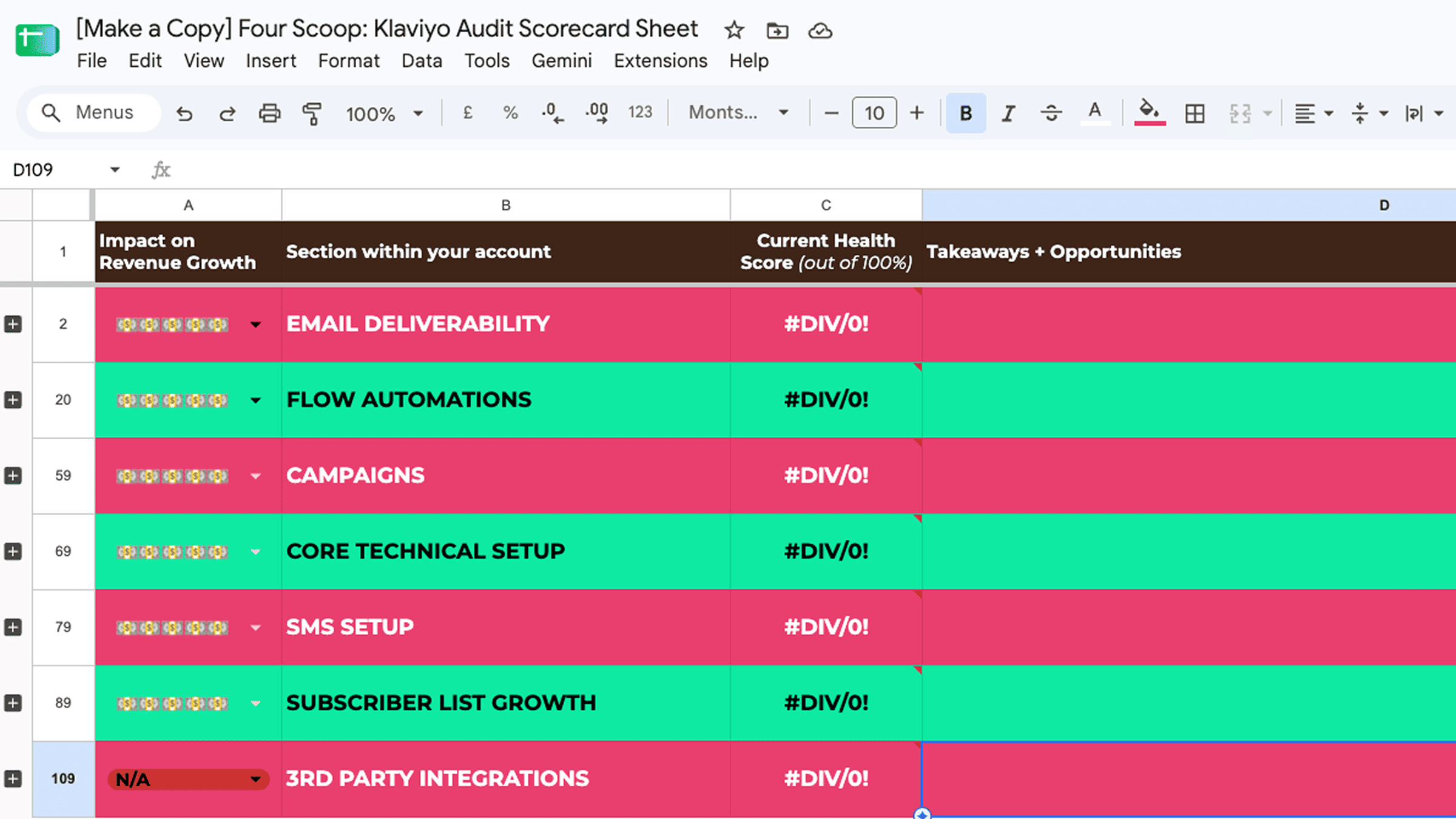 Preview of the Klaviyo audit scorecard showing its seven scored sections